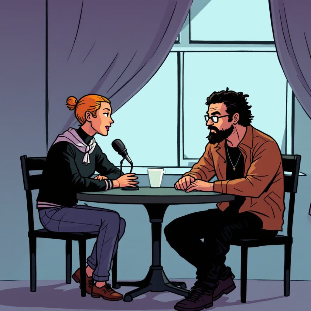 AI generated: jabcomix, ay papi issue 19, wendy reynolds and richard harvey having discussion on the table