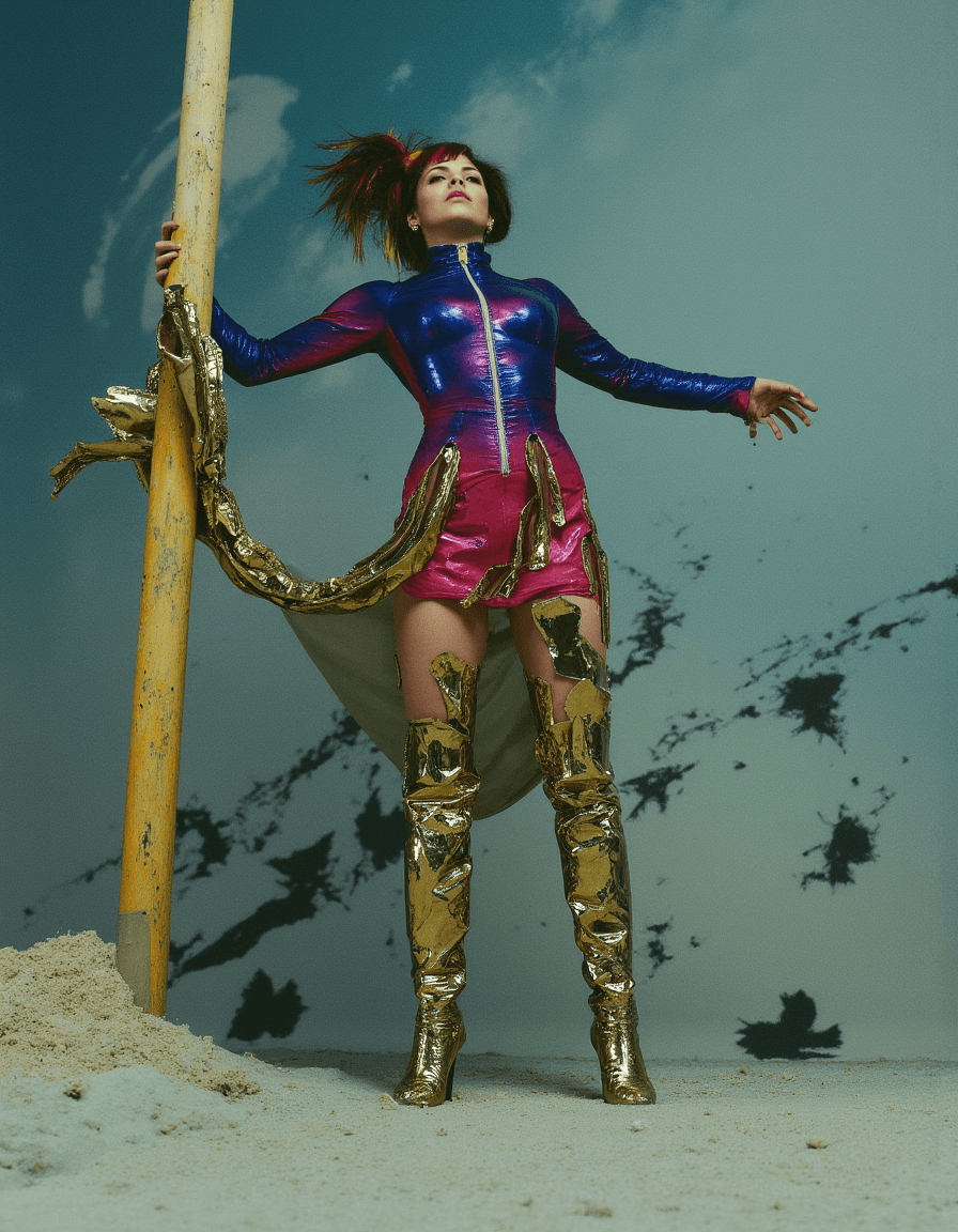AI generated: latcrozip, woman in a blue an pink latex bodysuit, short silver zipper at crotch latcrozip from crot...