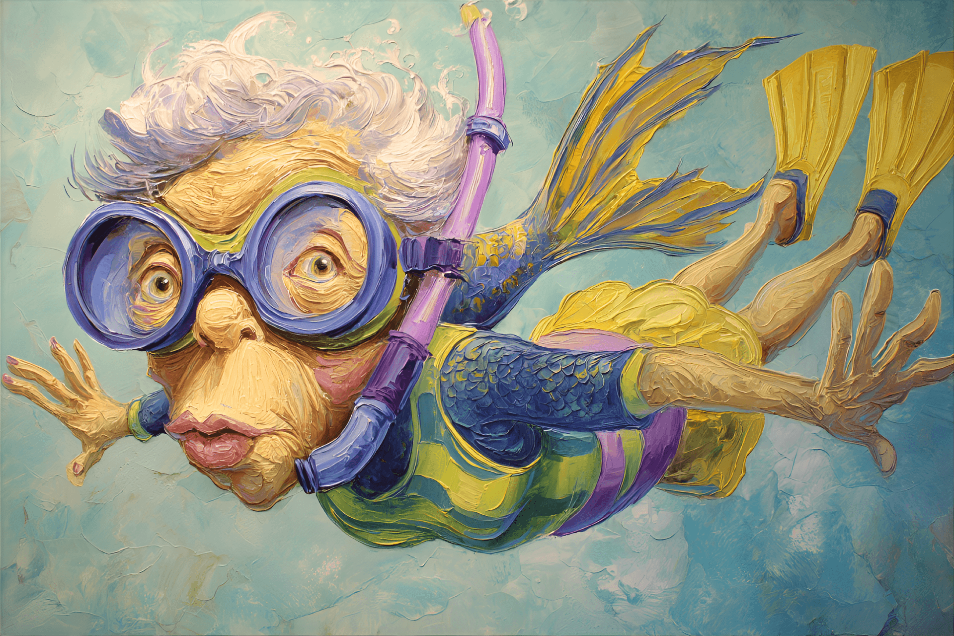 AI generated: funny caricature, fantastical fish character caricature, elderly european female, 65 years old, scal...