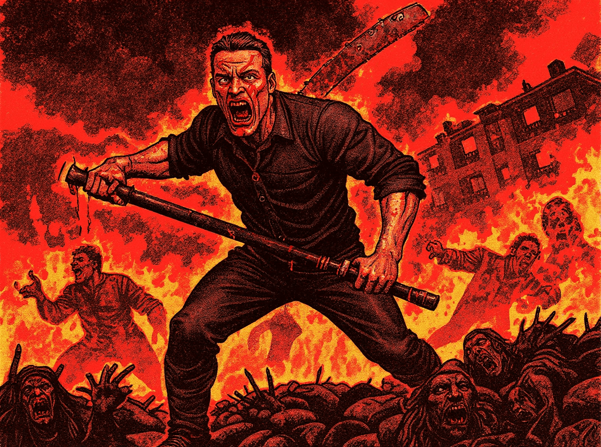 AI generated: imagine prompt: Brutal horror comic cover showing a blood-soaked man with a machete and sledgehammer...