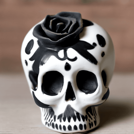 AI generated: white pottery, black day of the dead small skull