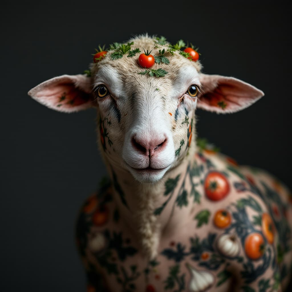 AI generated: photo close up, studio portrait, hairless, shaved, no hair full body shaved big fat sheep tattooed t...