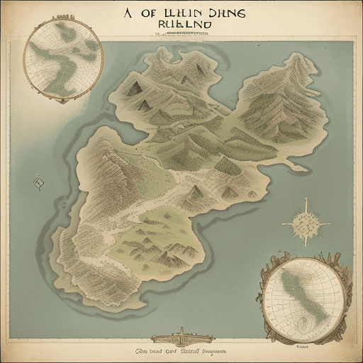 AI generated: An old map showing a large main land with three islands of different sizes in the style of lord of t...