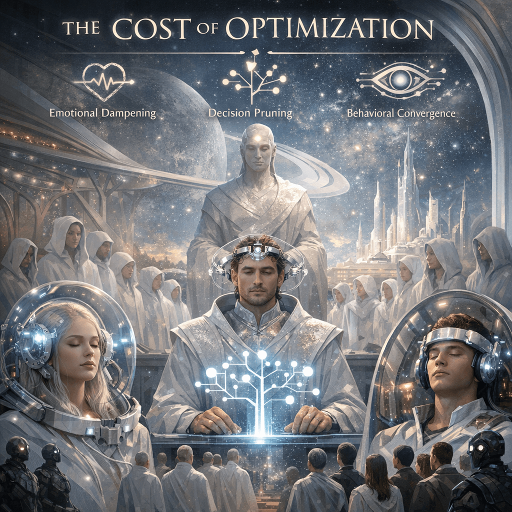 AI generated: Display a visual of what human sees as a The Cost of Optimization. 

Across the Astralis Starstellat...