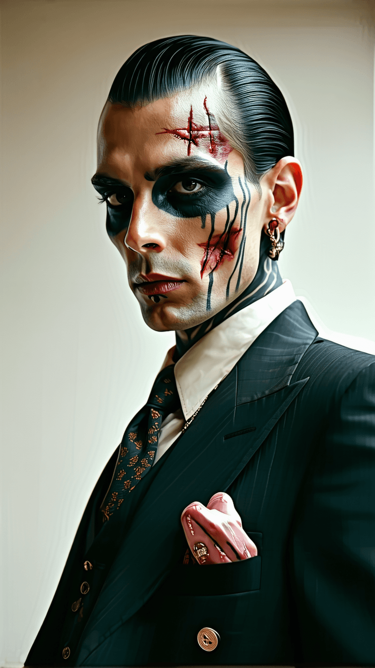 AI generated: The portrait of a very  beatiful gangster  with scars on face and with  face tattoos wearing a morni...