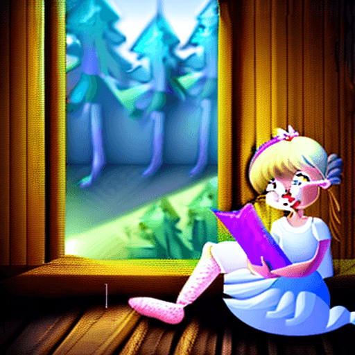 AI generated: little girl, reading a book, sitting on a bed, view of the bed from a corner, wooden walls, window i...