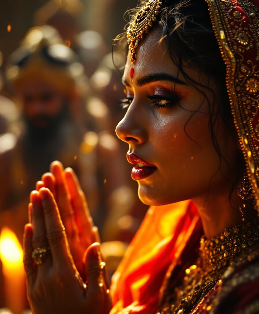 AI generated: "A close-up of Draupadi’s face, tears welling in her wide eyes, her lips trembling in despair as she...