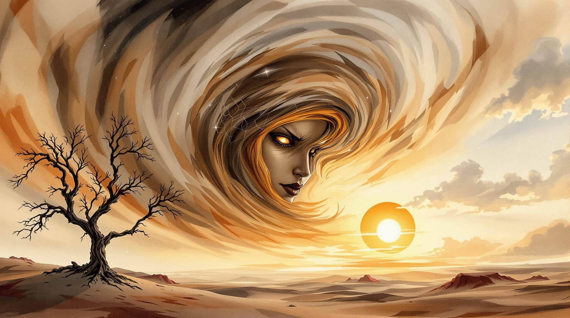 AI generated: Medium: Wet-on-wet Blended and Layered watercolor painting, Subject: swirling sandstorms, a lone, wi...