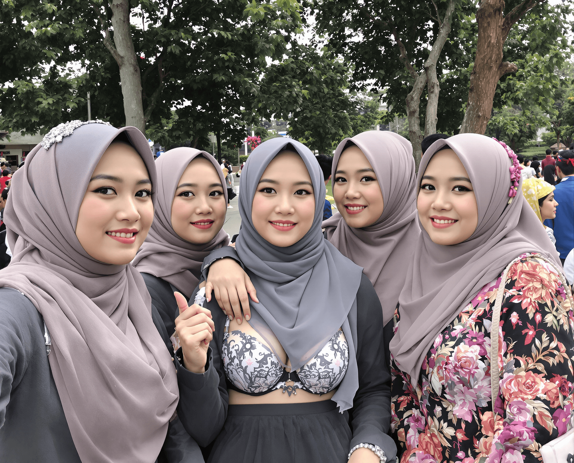 AI generated: A group of young hijab woman, wide oval Malay face, fair skin, upturned eyes, round chin, wearing a ...