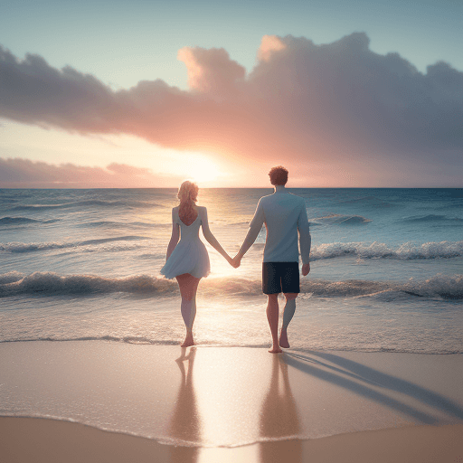 AI generated: Young couple walking on the beach on the ocean, photorealism, HD quality, 8k resolution, cinema 4d, ...
