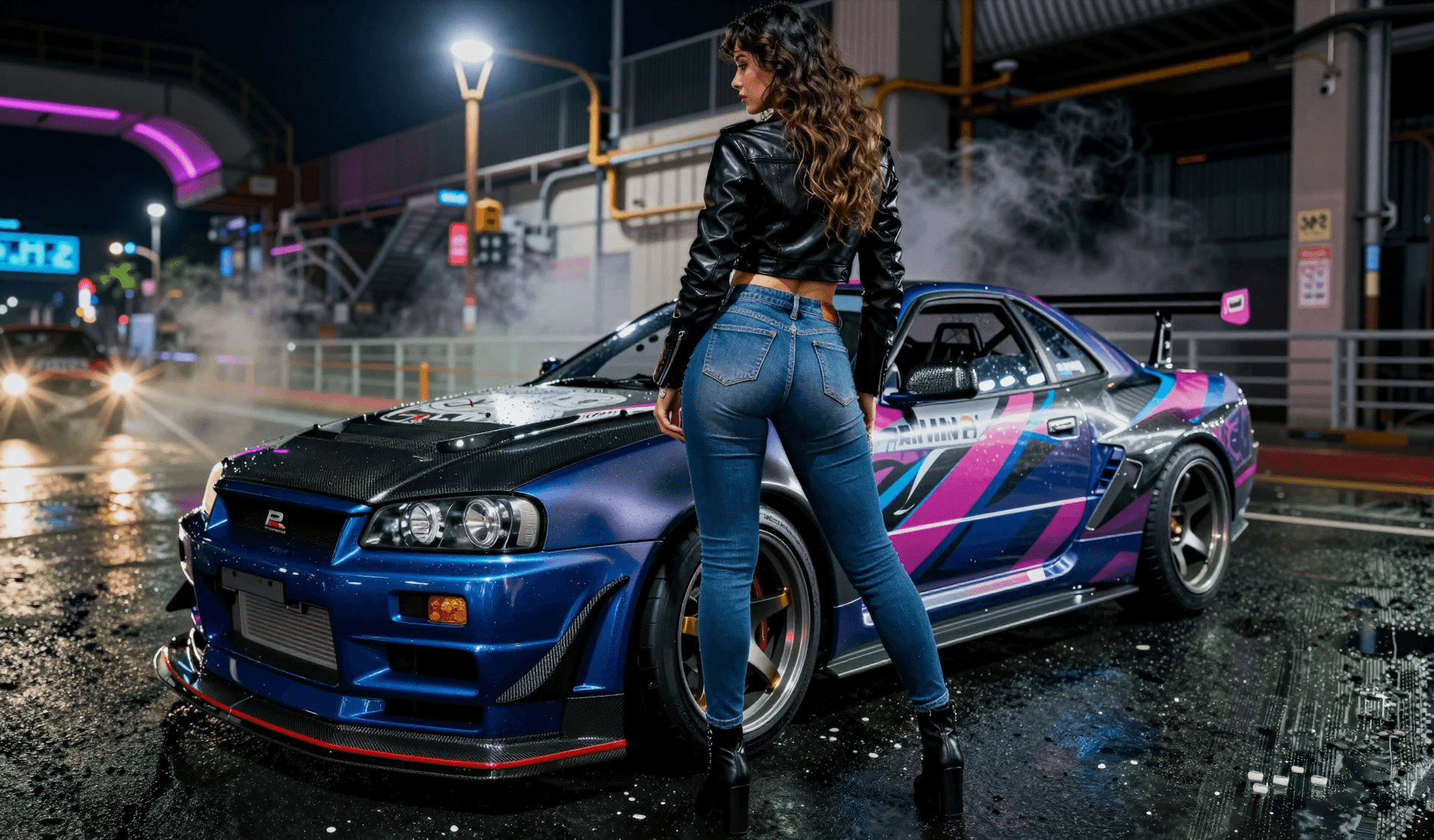 AI generated: Automotive editorial featuring a woman in full body tight denim jeans and cropped leather jacket, sh...