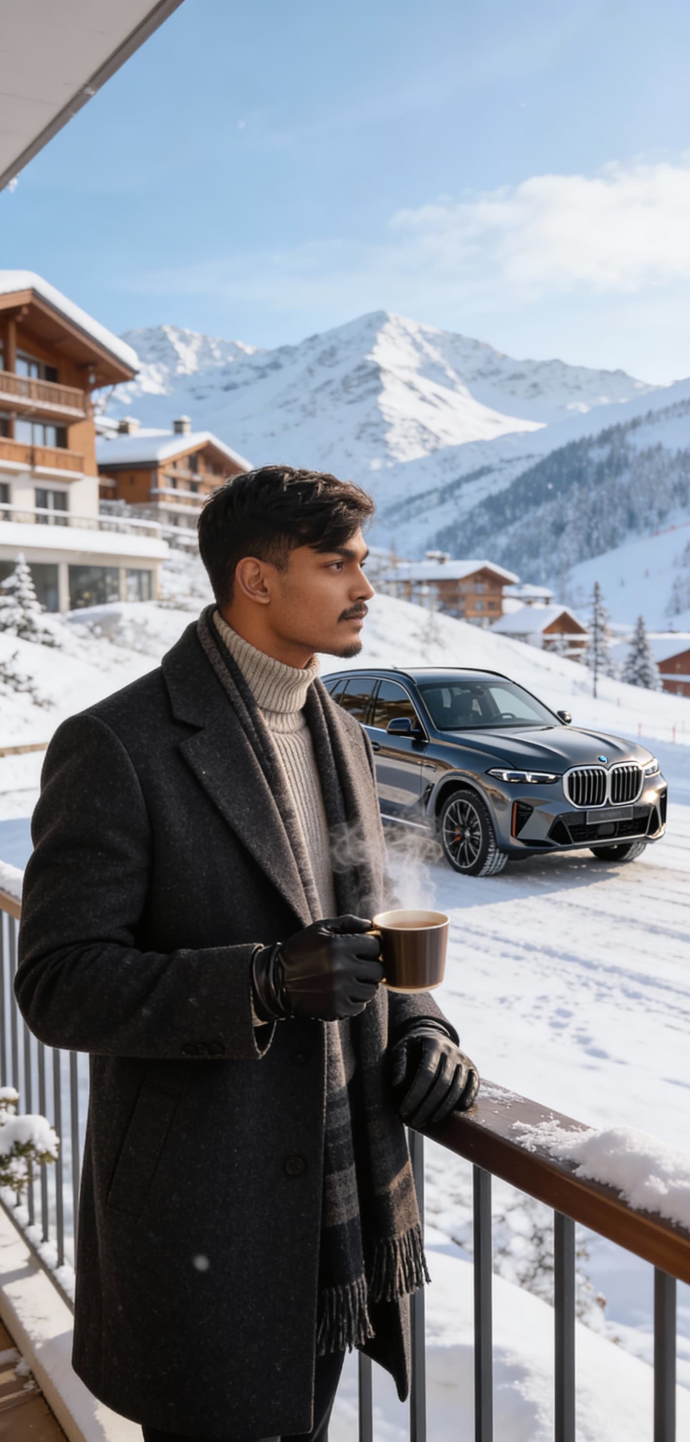 AI generated: A hyper detailed cinematic scene featuring use uploaded face 100% as reference as a winter luxury co...