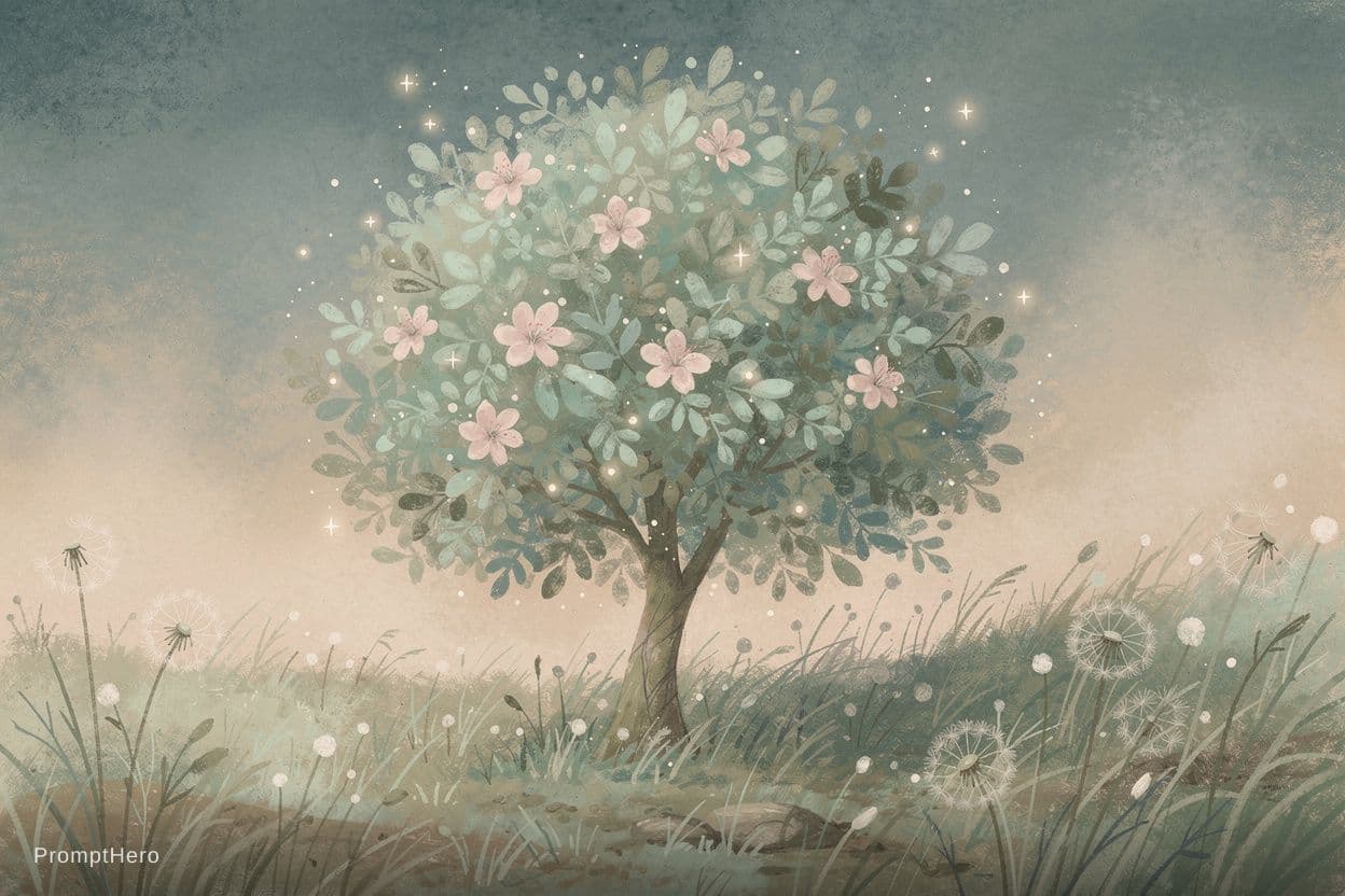 AI generated: A dreamy pastel nature illustration of a solitary flowering tree standing in a wild meadow. The tree...