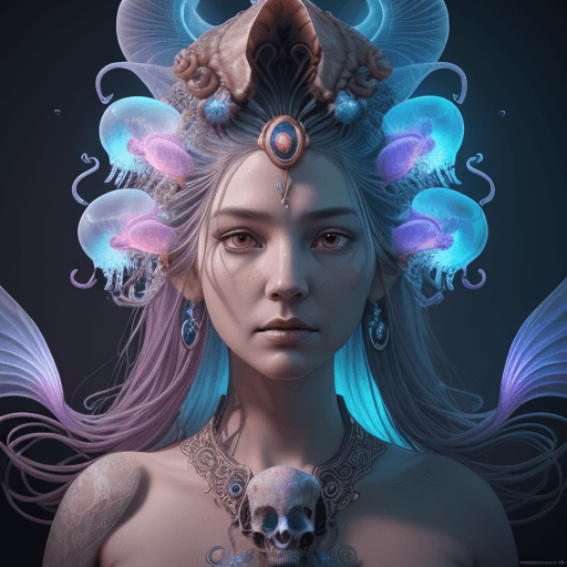 AI generated: Goddess close-up portrait ribcagel. jellyfish phoenix head, nautilus, orchid, skull, betta fish, bio...