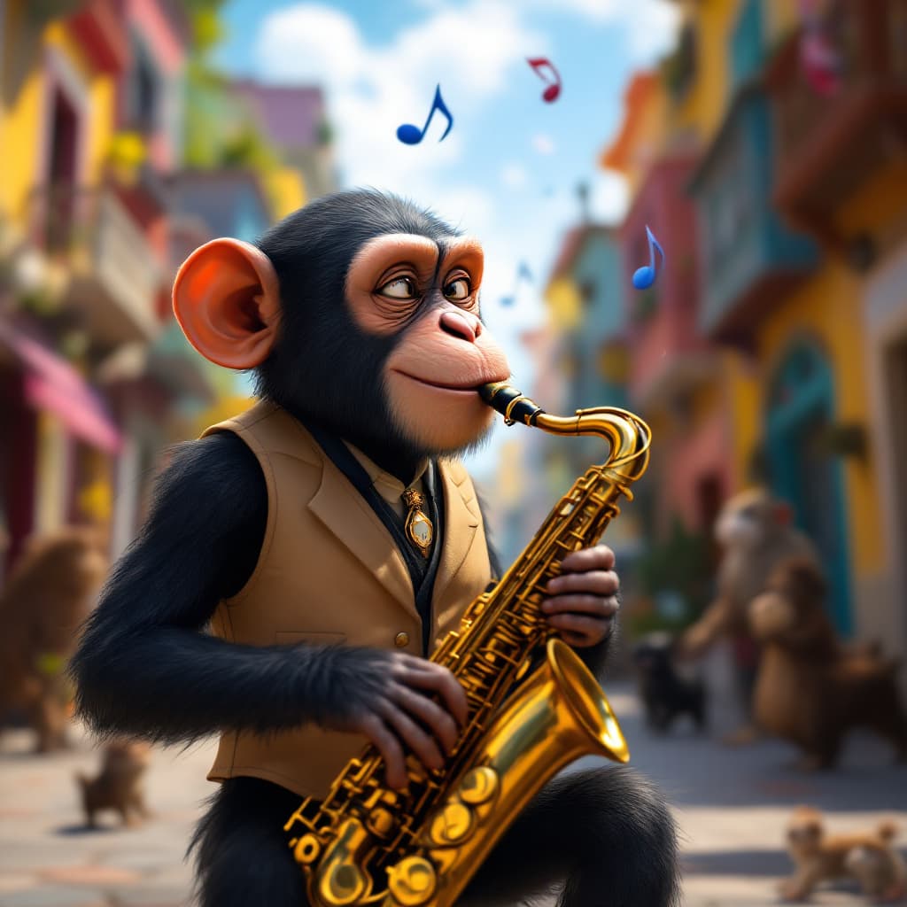 AI generated: Create a whimsical scene featuring a young chimpanzee dressed in a stylish vest, playing a shiny sax...