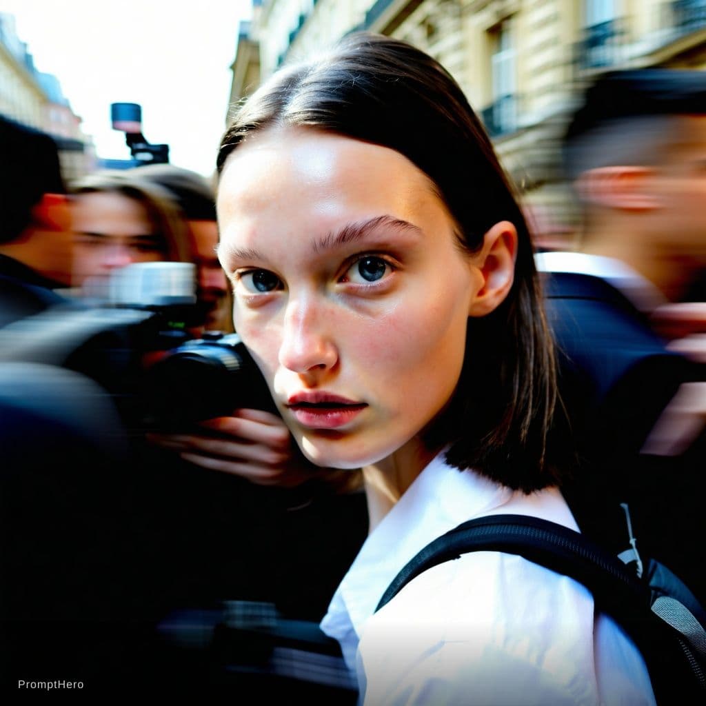 AI generated: Paparazzi-style extreme close-up photo of a woman with striking facial features, caught off-guard wh...