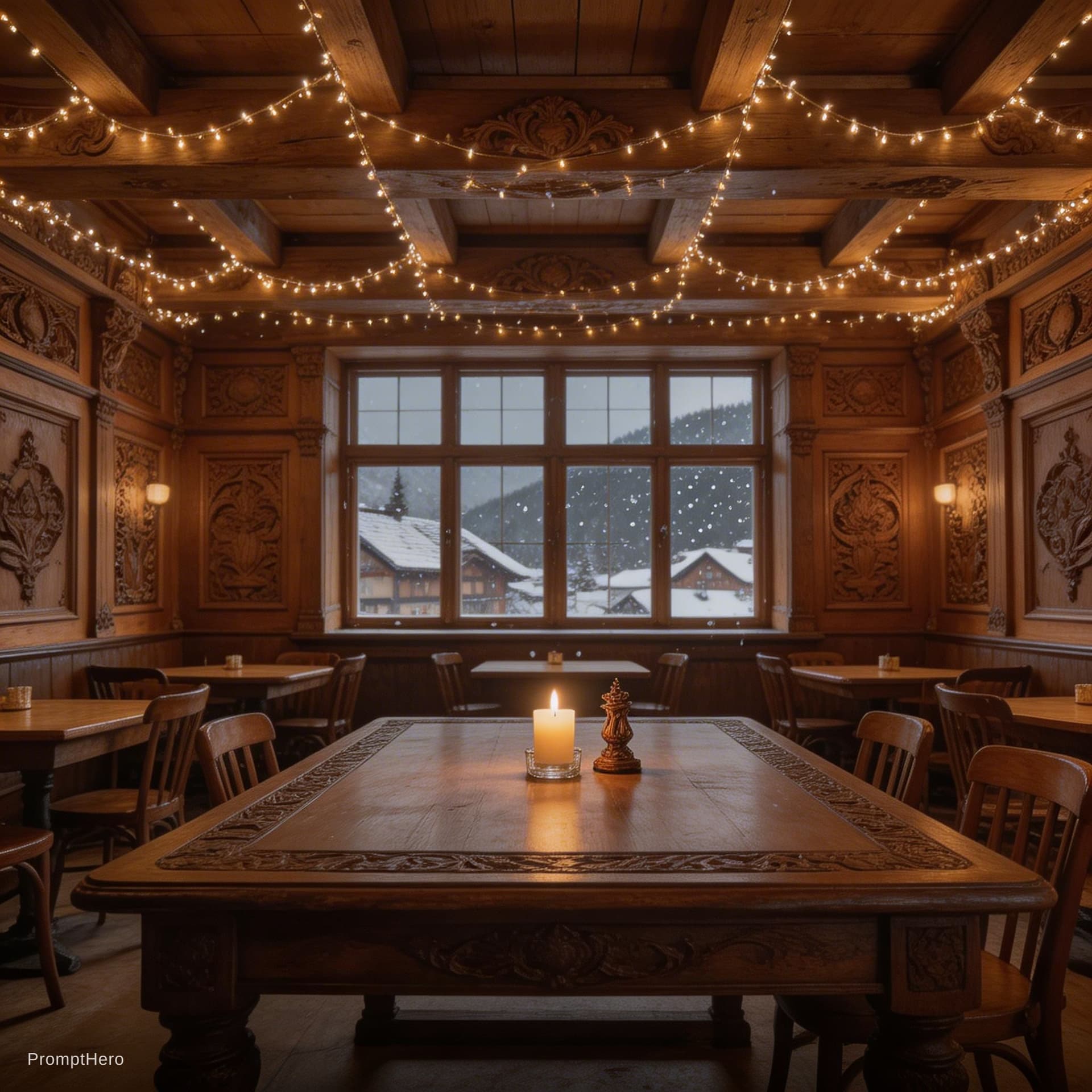 AI generated: Cinematic interior shot of a traditional, vintage European wooden coffee house in a Bavarian mountai...