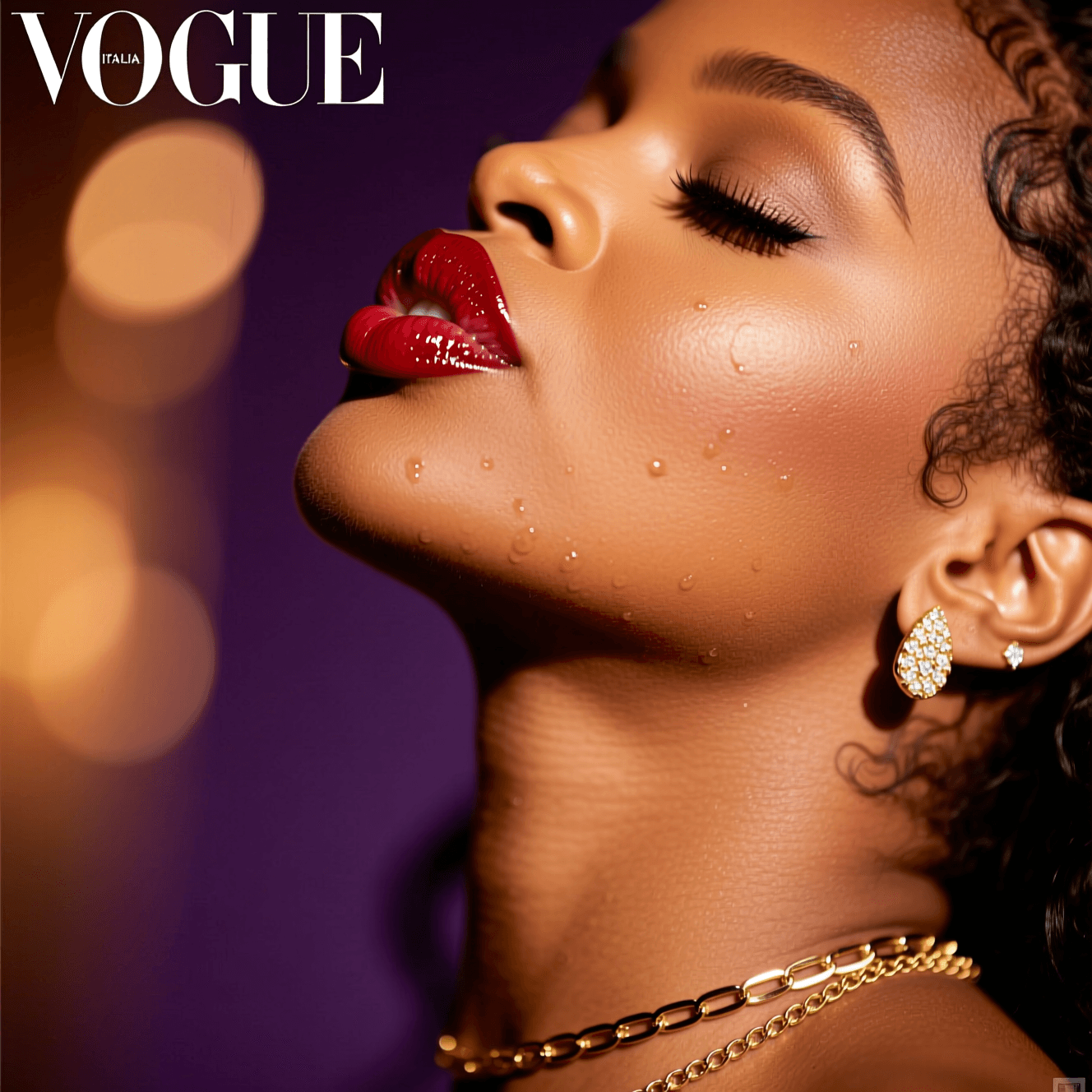 AI generated: Close-up of woman's lips mid-kiss, bold red lipstick, golden jewelry, soft bokeh background, high-fa...