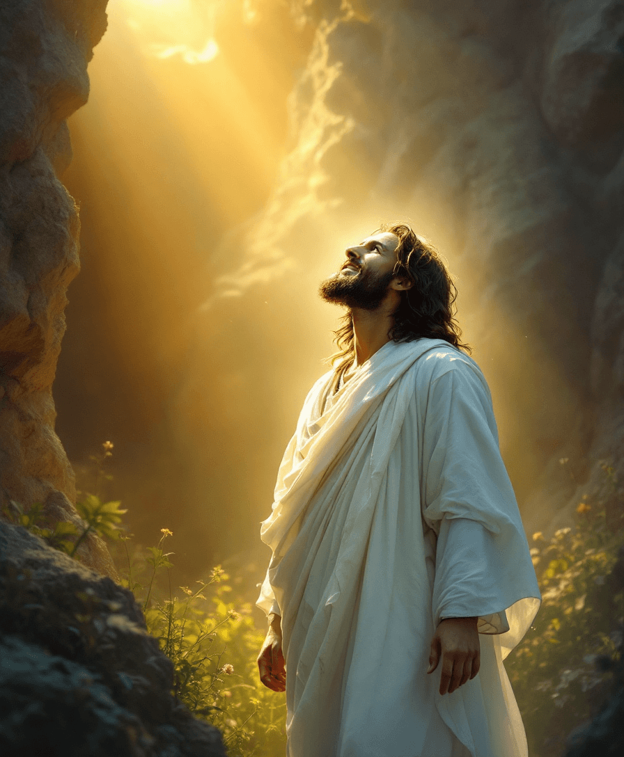 AI generated: Epic, hyper real, spiritual, art illustration, emotional image of the risen Christ coming out of the...