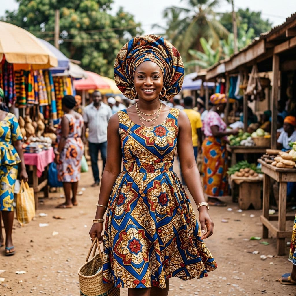 AI generated: African female wearing an African headwrap matching her outfit
