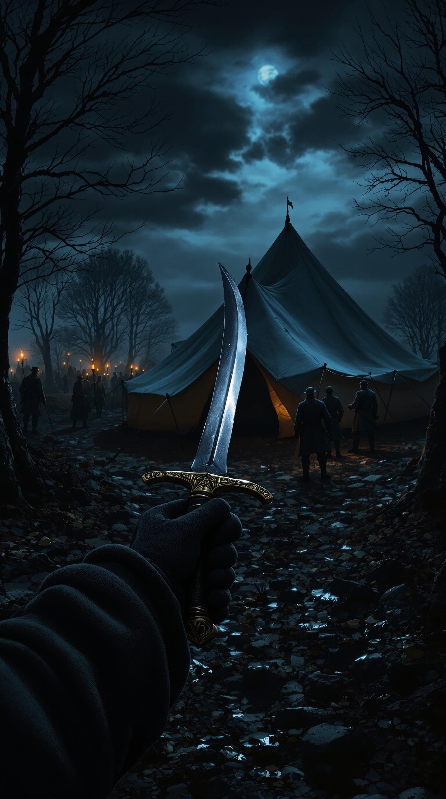 AI generated: First-person POV, My gloved hands grip a curved dagger, its blade catching the faint glow of the moo...
