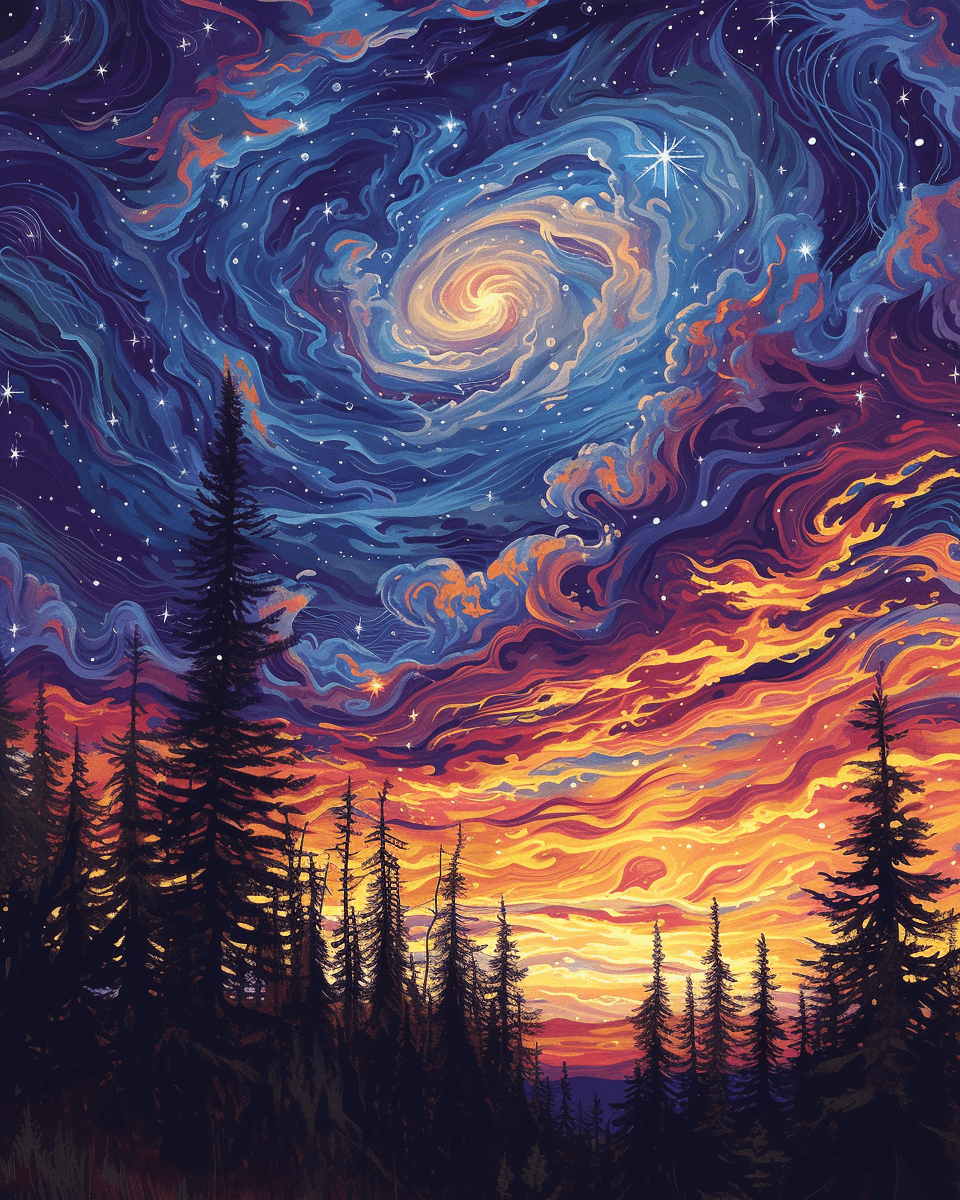 AI generated: an evening sky with stars and trees behind it, in the style of intricate psychedelic landscapes, mar...