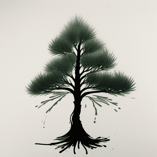 AI generated: Please draw a pine tree with drooping pine needles using ink painting.
