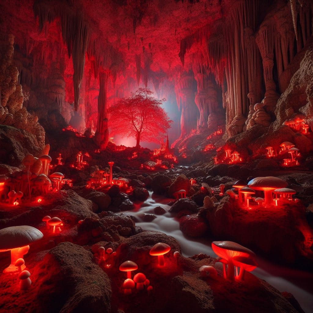 AI generated: interior of a cave illuminated by a red light, stalagmites, with a lot of mushrooms, a stream of wat...