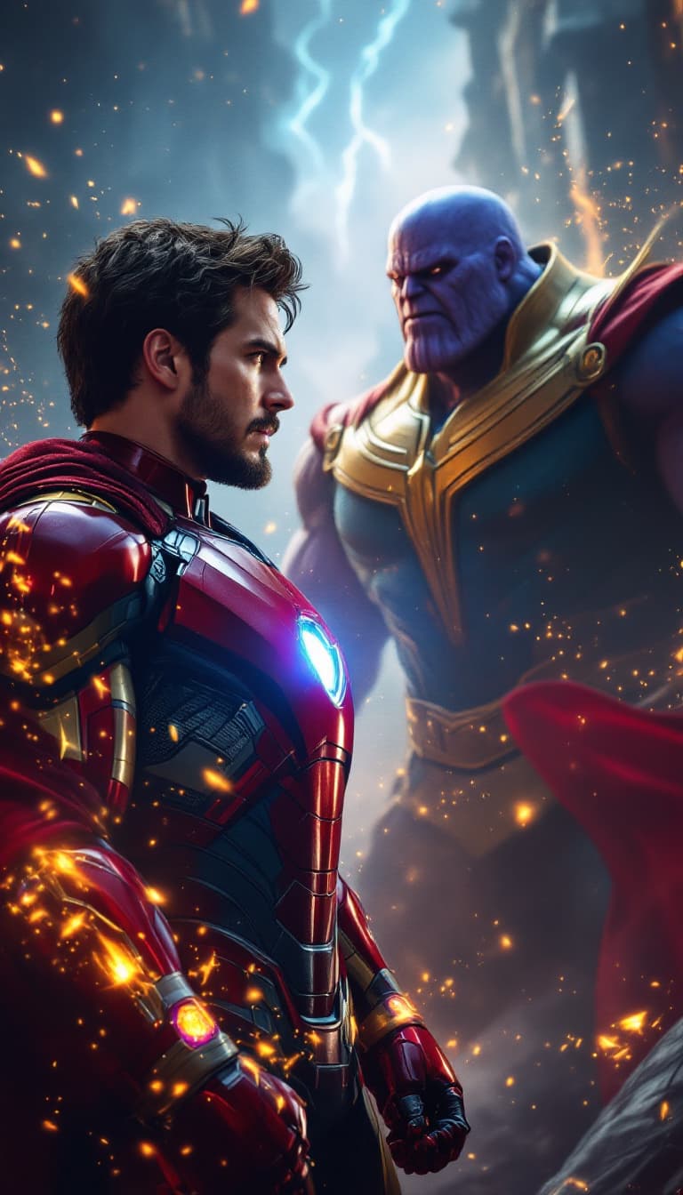 AI generated: {iron man + peter parker spiderman + doctor strange } facing Thanos with all six infinity stones in ...