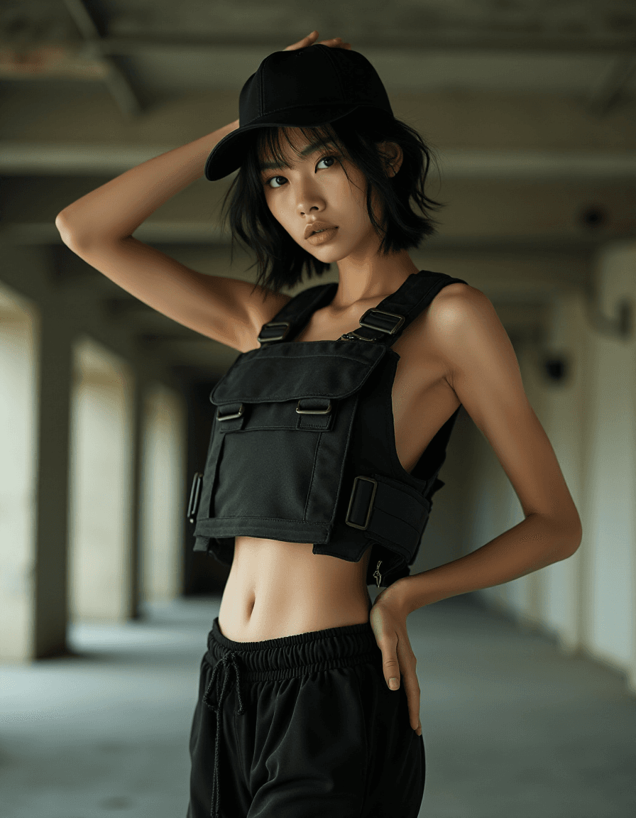 AI generated: High fashion half body photo of a young asian female supermodel, very thin, small breast, flat chest...