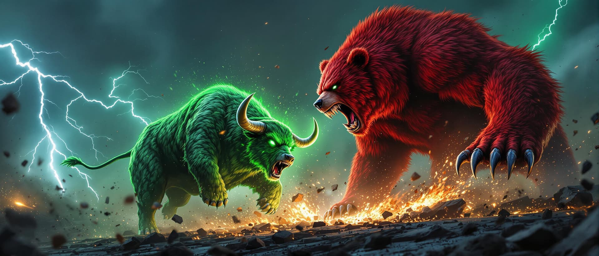 AI generated: A fierce, high-intensity battle between a massive, green bull and a raging red bear. The bull charge...