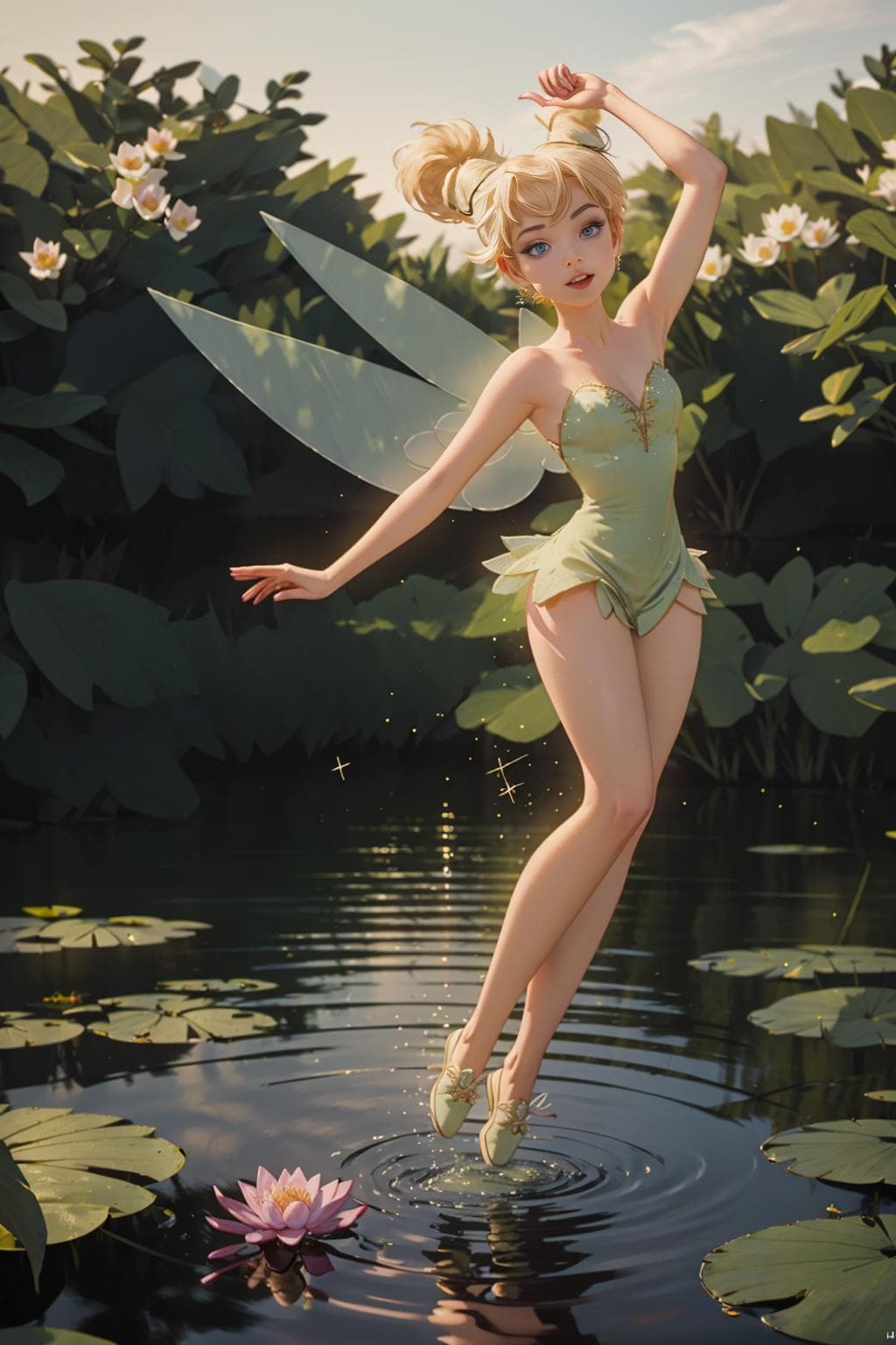 AI generated: award-winning photography,1girl, full body shot, happy, two fairy wings, dancing on waterlily, lake,...