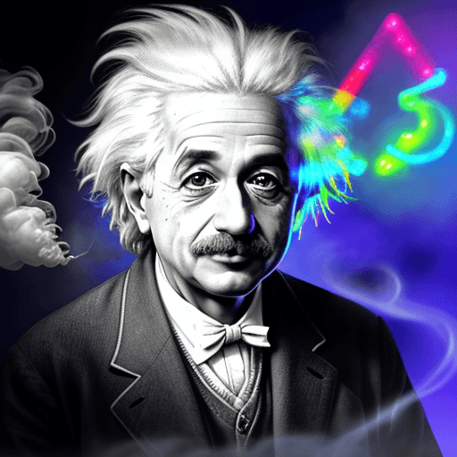 AI generated: Famous Albert Einstein, holding a microphone and singing at an l, color lights, smoke in the air
