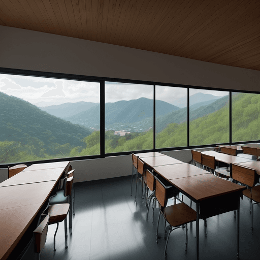 AI generated: The classroom has clean and minimalist lines, with a vernacular facade that contrasts with the lush ...
