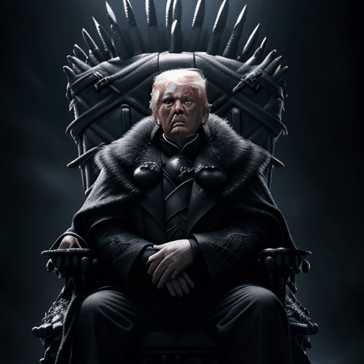 AI generated: 
 trump sitting on the iron throne,  photorealistic, ominous, dark, forerboding, facially correct, r...