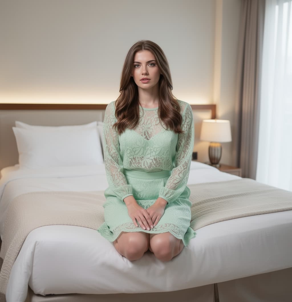 AI generated: In light green lacy 2-piece lingerie kneeling on bed.  Looking at camera.  Lips slightly parted