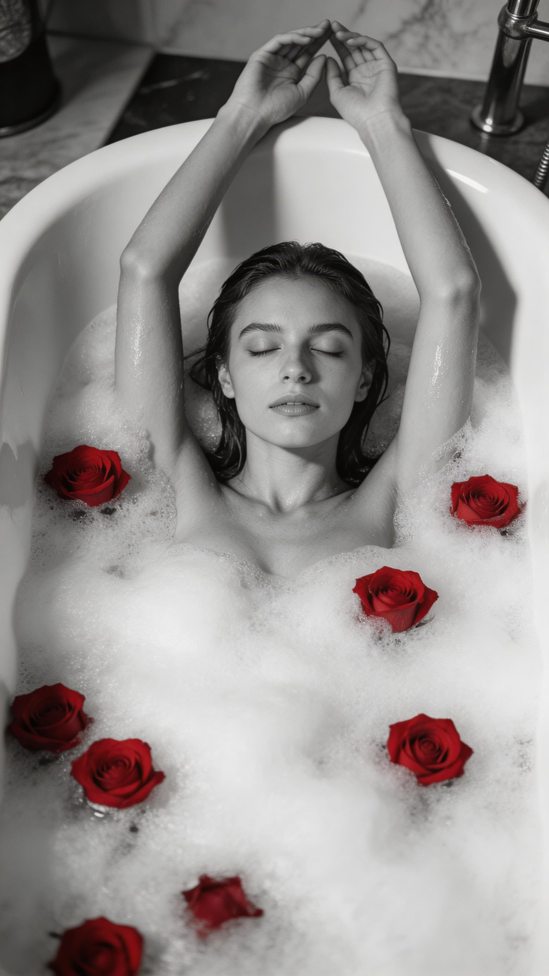 AI generated: A an extremely detailed, high-resolution, realistic, black and white photograph of a woman reclining...
