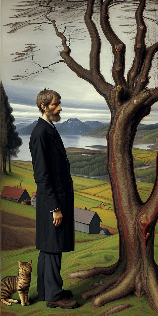 AI generated: Full height side view Portrait of man Munch standing near a tree and looking at the cat sitting near...
