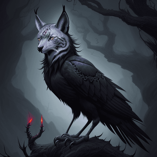 AI generated: illustration of a raven, thorns everywhere, fantasy, dark fantasy style, skull of a lynx on the thor...