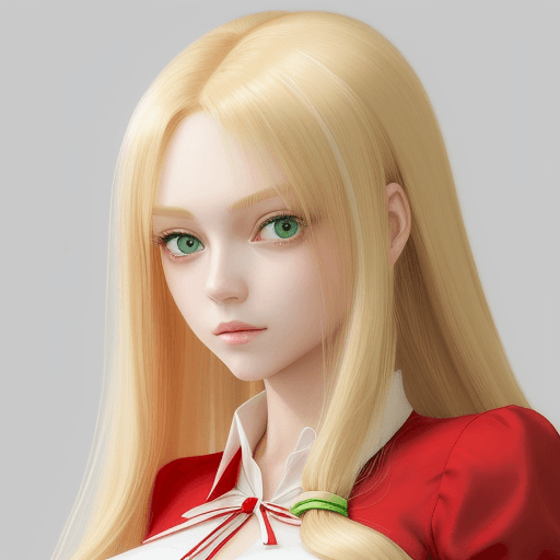 AI generated: a woman in a red dress and white shirt with long blonde hair and green eyes is posing for a picture,...