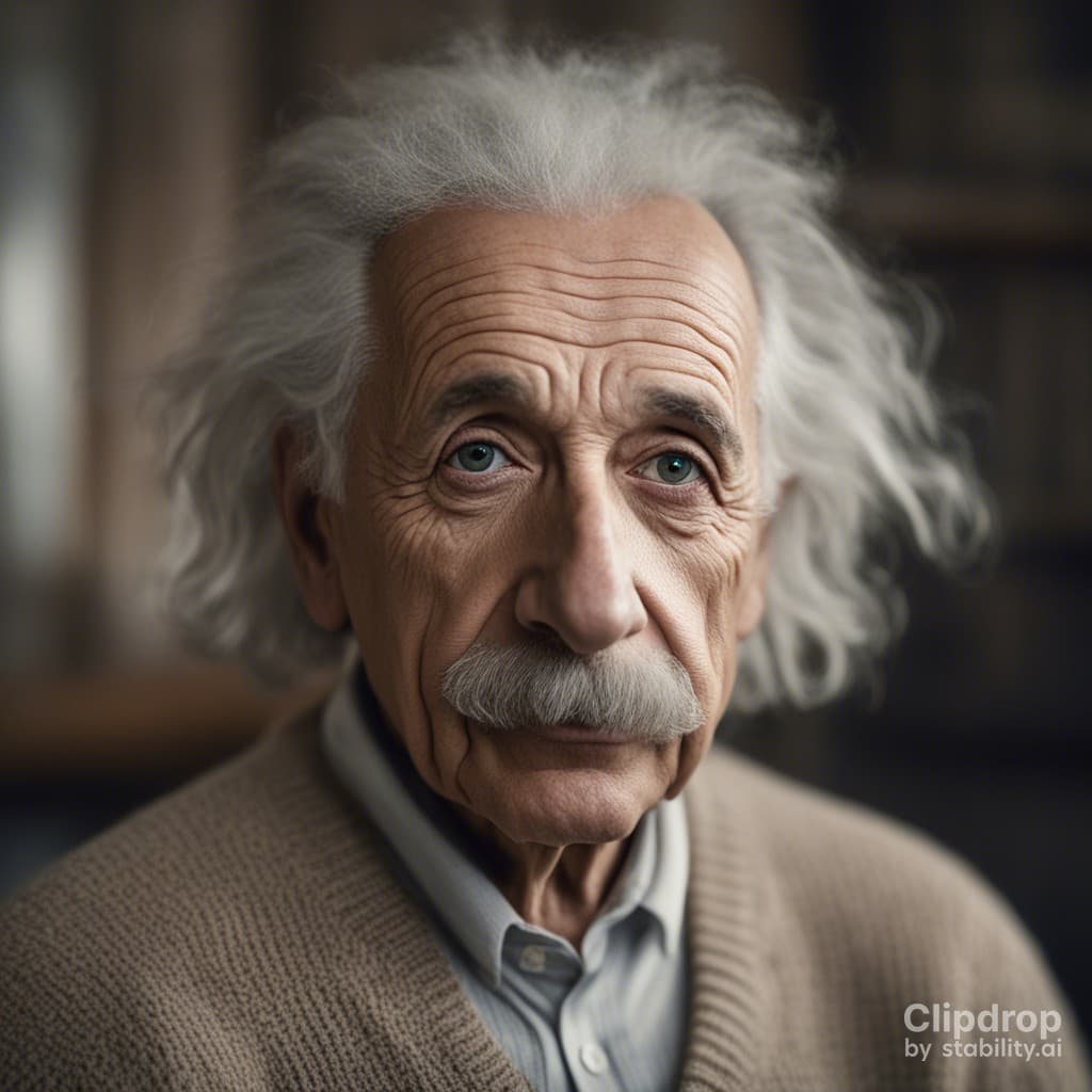AI generated: A professional photograph of of Albert Einstein, sharp focus on eyes, the tight framing emphasizes h...
