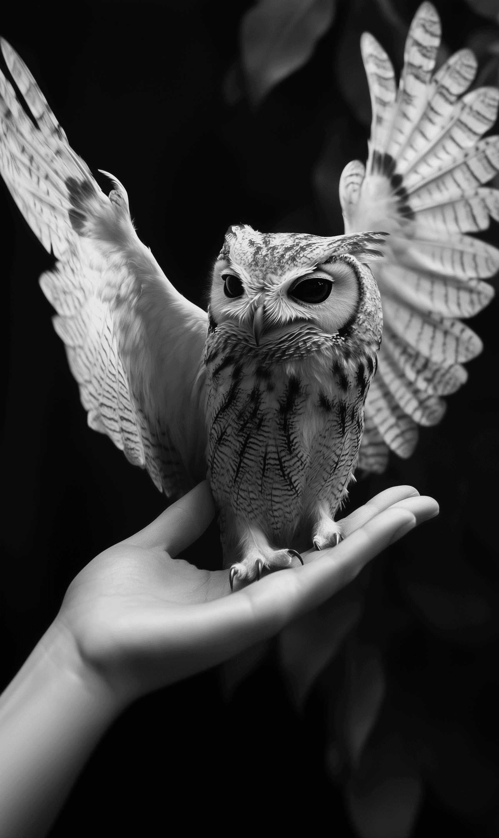 AI generated: A black-and-white photograph of an owl sitting on a palm, its wings spread wide. The background is d...
