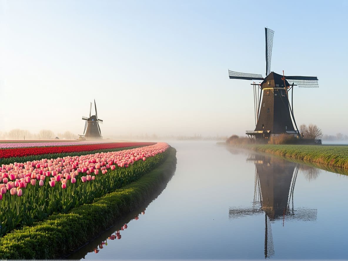 AI generated: A serene, meticulously composed scene in the style of Pieter Jansz Saenredam, depicting a Dutch cana...