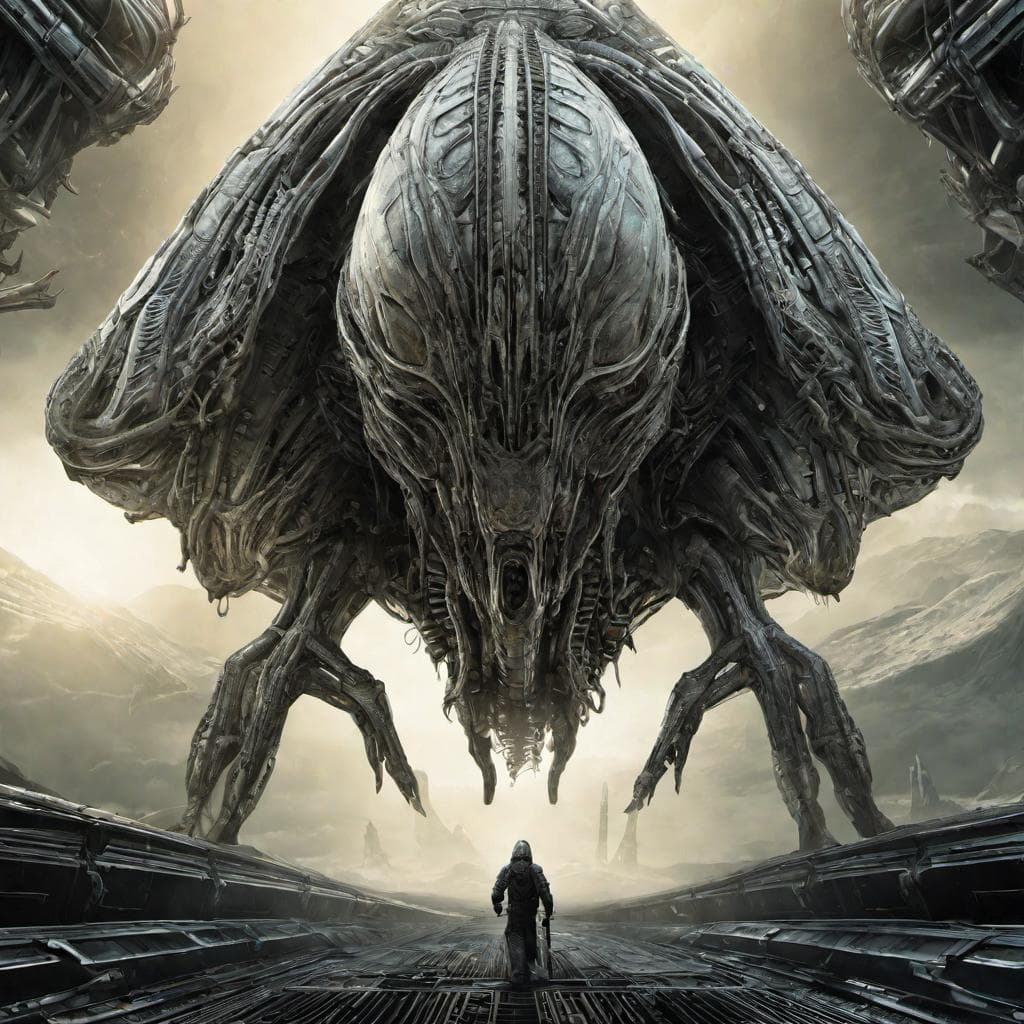 AI generated: A masterpiece sci-fi poster of a creepy giant colossus alien hybrid android being creature being con...