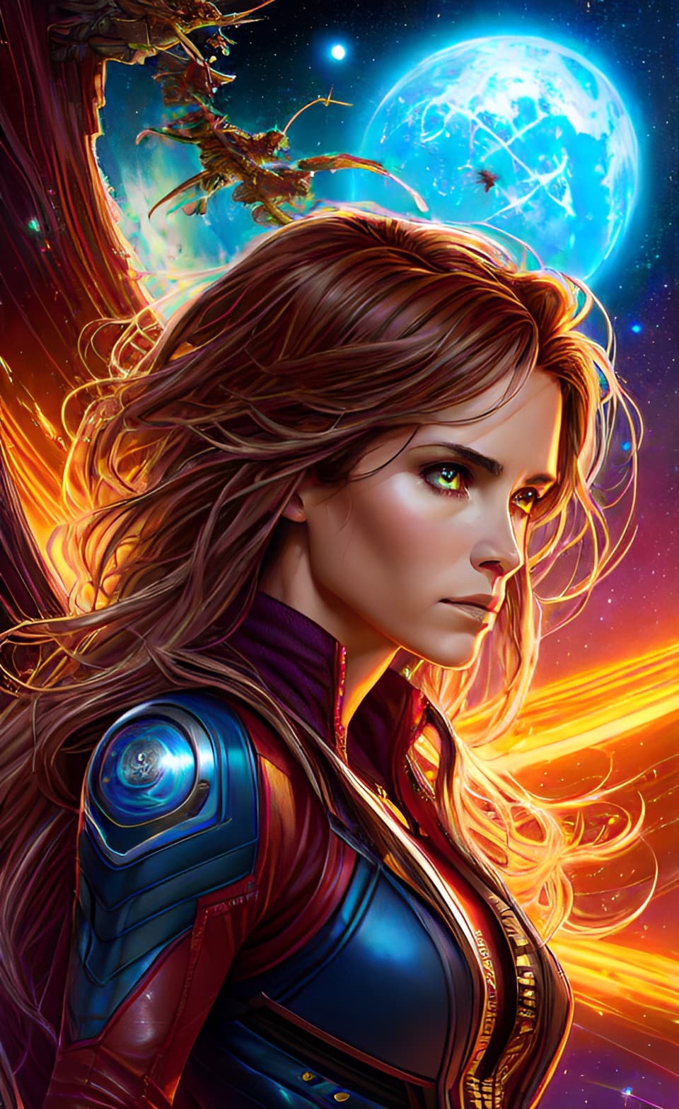 AI generated: A sci-fi style action portrait poster of female art character with long ash messy hair, hero armor s...