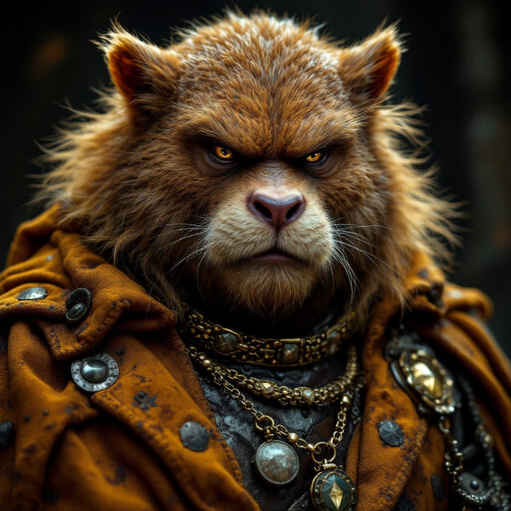AI generated: cinematic film still awardwinning photo cute stocky snooty brown mole, rust, epic, wearing medivel r...