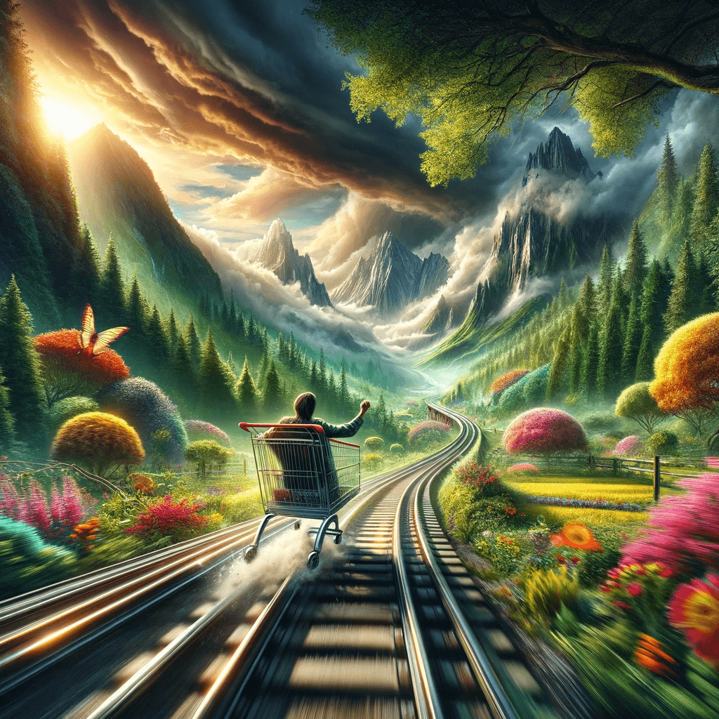 AI generated: A fantastical scene depicting a person in a shopping cart racing down a scenic railway track. The sh...