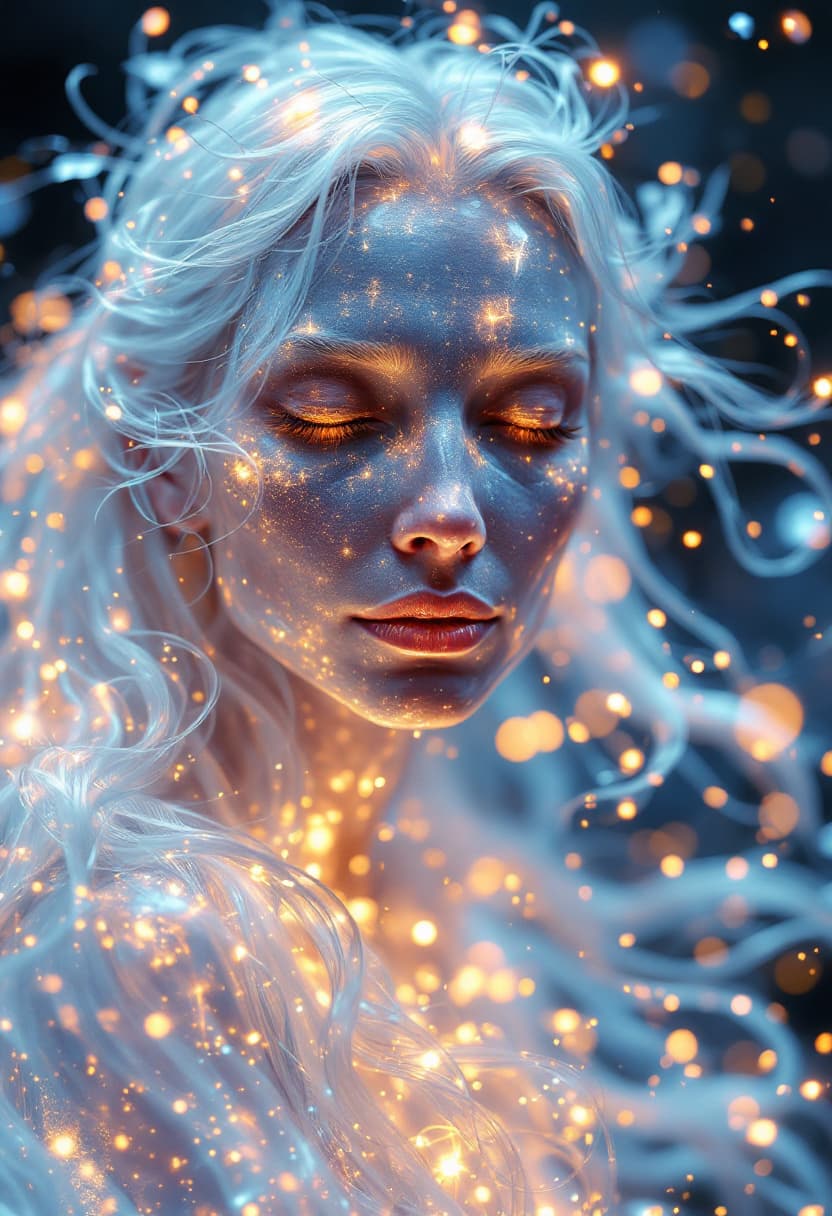 AI generated: A photorealistic 4K image of a [elderly woman] with transparent, crystal-like skin, glowing from wit...