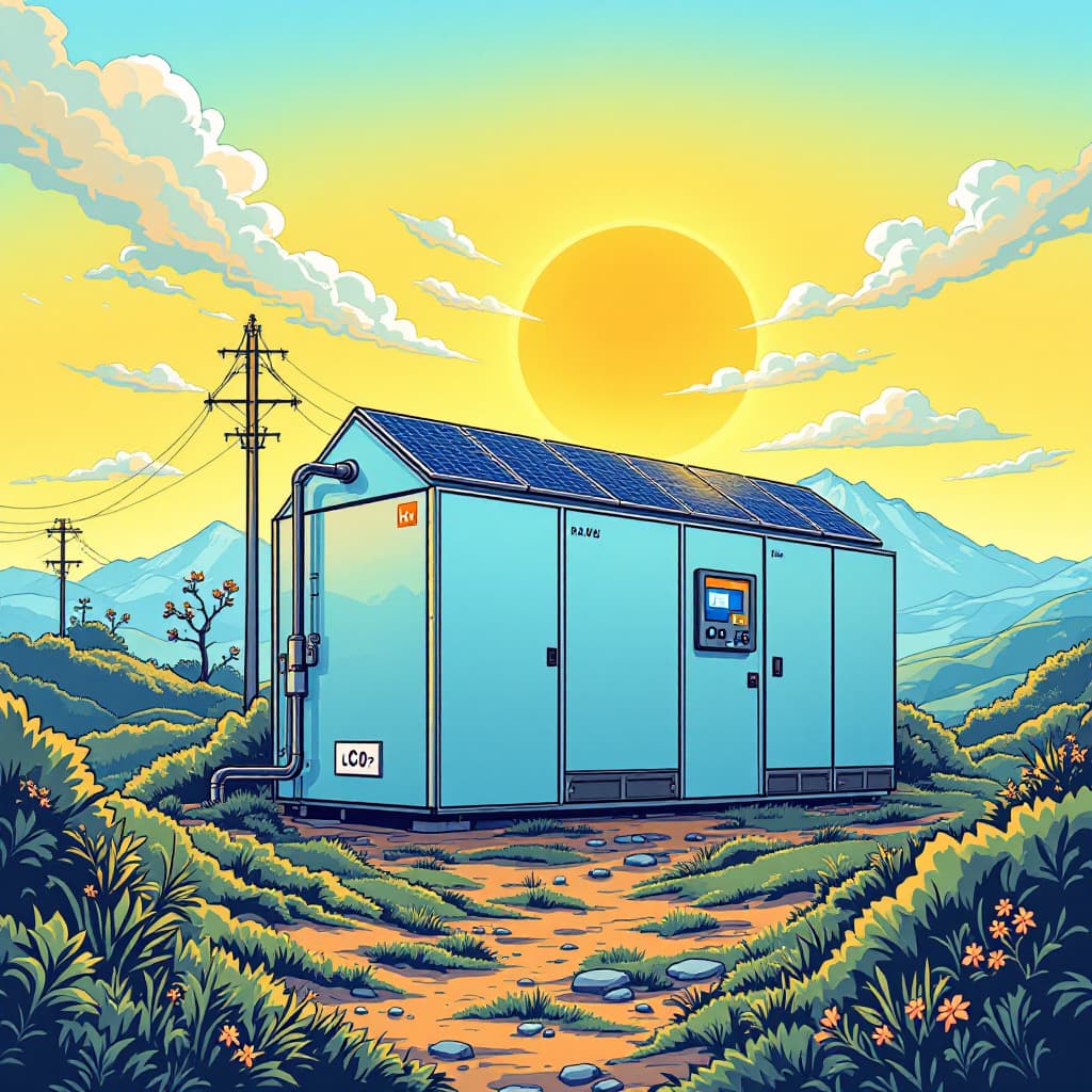 AI generated: Photo of a Hydrogen storage unit supplied by photovoltaic modules. Displaying the benefits of longte...
