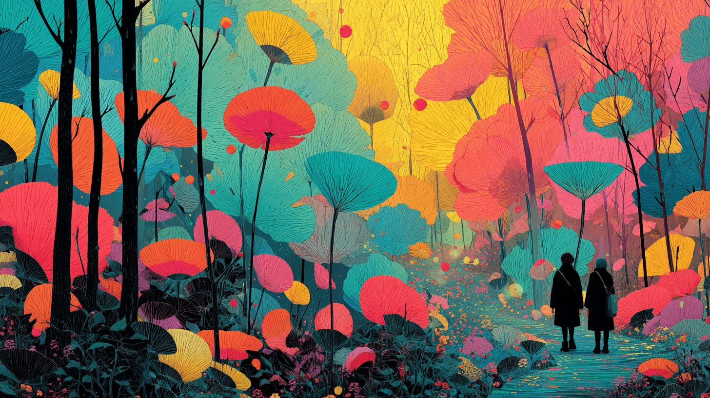 AI generated: illustration, garden scene with oversized surreal flowers made of memories, characters in bold color...
